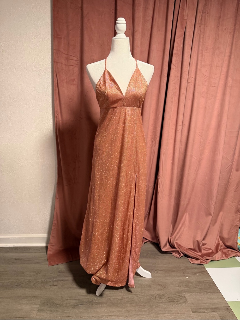 Fashion Nova Sparkle Strapless Halter Maxi Dress in Copper Glow